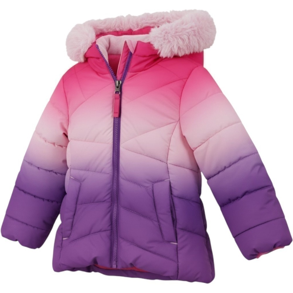 Snozu Toddler Girls Pink Purple Ombre Puffer Jacket Faux Fur Hood 2T Coat